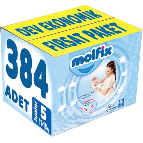 Molfix Bebek Bezi 5 Beden 11-18 KG Junior 384 Adet Dev Ekonomik Fırsat Pk