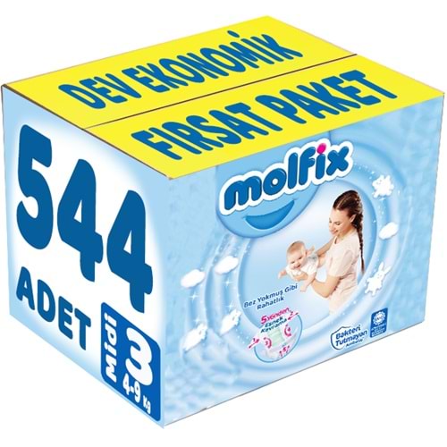 Molfix Bebek Bezi 3 Beden 4-9 KG Midi 544 Adet Dev Ekonomik Fırsat Pk