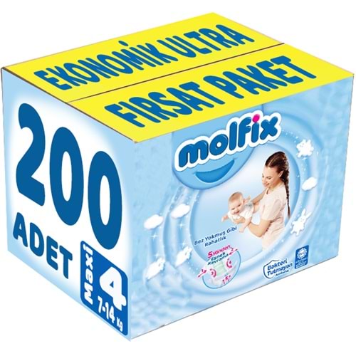 Molfix Bebek Bezi 4 Beden 7-14 KG Maxi 200 Adet Ekonomik Ultra Fırsat Pk