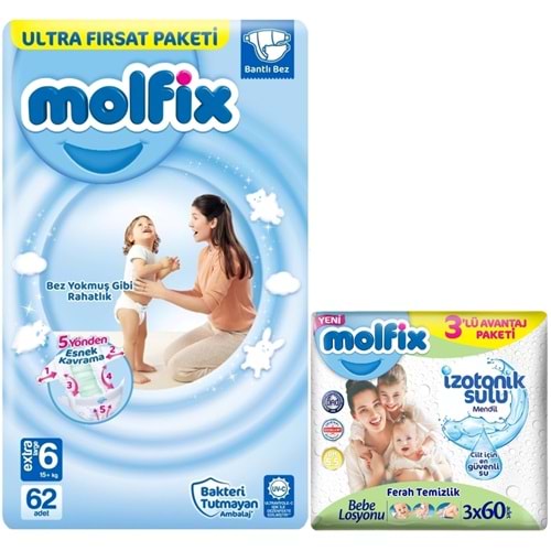Molfix Bebek Bezi 6 Beden 15+ KG Extra Large 62 Adet Ultra Fırsat Pk+3 Adet Islak Mendil