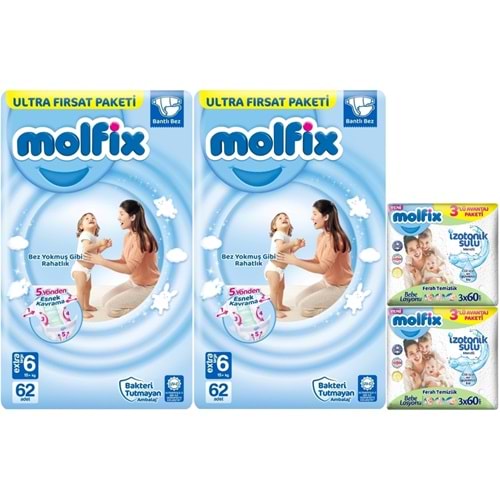 Molfix Bebek Bezi 6 Beden 15+ KG Extra Large 124 Adet Ekonomik Ultra Fırsat Pk+6 Adet Islak Mendil