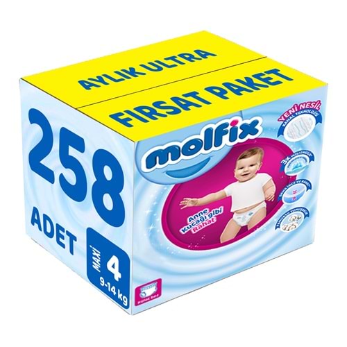 Molfix Külot Bebek Bezi 4 Beden 9-14 KG Maxi 258 Adet Aylık Ultra Fırsat Pk
