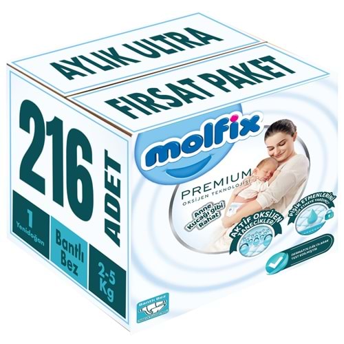 Molfix Premium Bebek Bezi 1 Beden 2-5 KG Yeni Doğan 216 Adet Aylık Ultra Fırsat Pk