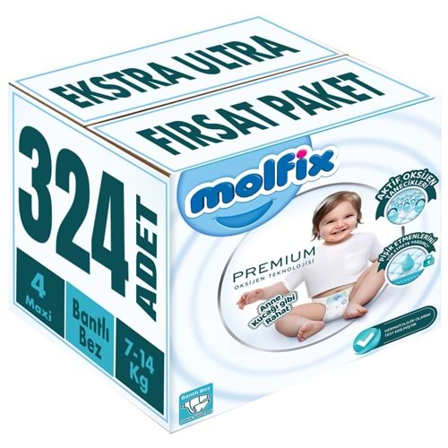 Molfix Premium Bebek Bezi 4 Beden 7-14 KG Maxi 324 Adet Ekstra Ultra Fırsat Pk