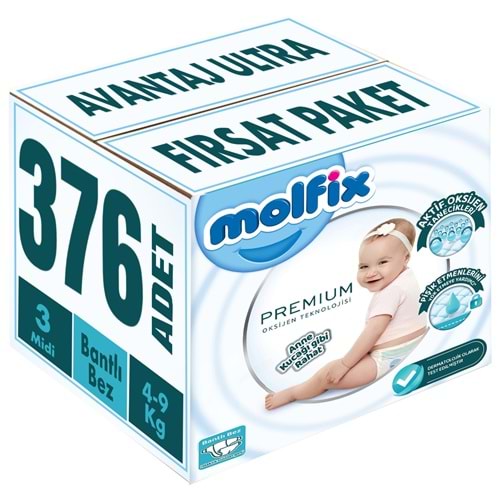 Molfix Premium Bebek Bezi 3 Beden 4-9 KG Midi 376 Adet Avantaj Ultra Fırsat Pk