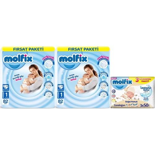 Molfix Bebek Bezi 1 Beden 2-5 KG Yeni Doğan 164 Adet Ekonomik Fırsat Pk + 3 Adet Islak Mendil