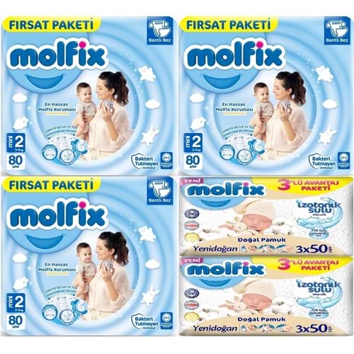 Molfix Bebek Bezi 2 Beden 3-6 KG Mini 240 Adet Aylık Fırsat Pk + 6 Adet Islak Mendil