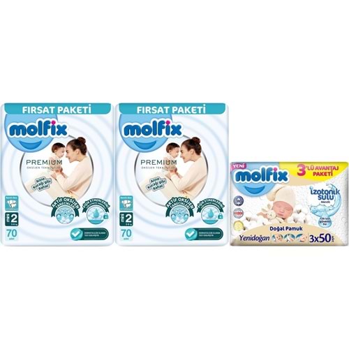 Molfix Premium Bebek Bezi 2 Beden 3-6 KG Mini 140 Ad Ekonomik Ultra Fırsat Pk+ 3 Adet Islak Mendil