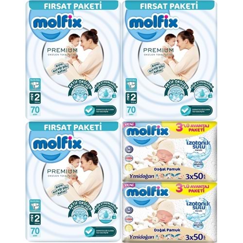 Molfix Premium Bebek Bezi 2 Beden 3-6 KG Mini 210 Adet Aylık Ultra Fırsat Pk + 6 Adet Islak Mendil