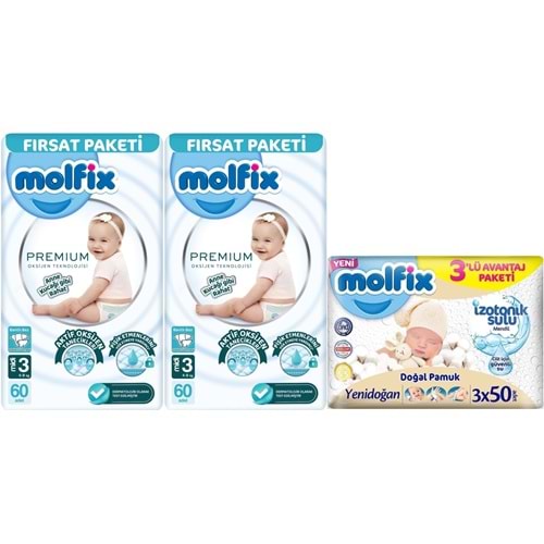 Molfix Premium Bebek Bezi 3 Beden 4-9 KG Midi 120 Adet Fırsat Pk + 3 Adet Islak Mendil