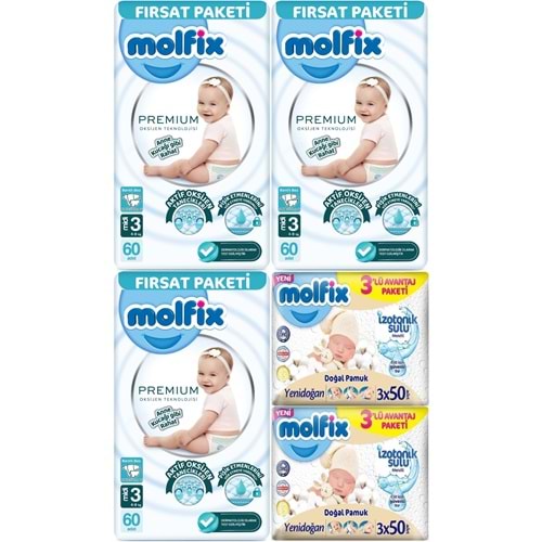 Molfix Premium Bebek Bezi 3 Beden 4-9 KG Midi 180 Adet Fırsat Pk + 6 Adet Islak Mendil