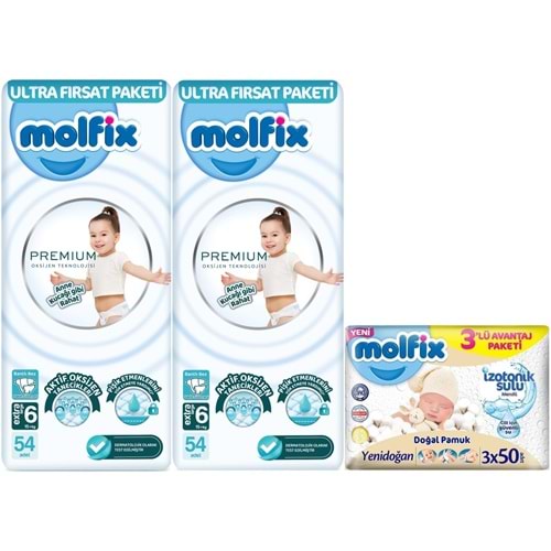 Molfix Premium Bebek Bezi 6 Beden 15+ KG Extra Large 108 Adet Ultra Fırsat Pk + 3 Adet Islak Mendil