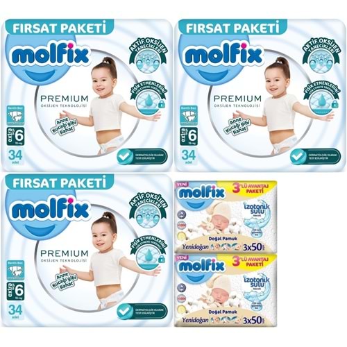 Molfix Premium Bebek Bezi 6 Beden 15+ KG Extra Large 102 Adet Fırsat Pk + 6 Adet Islak Mendil