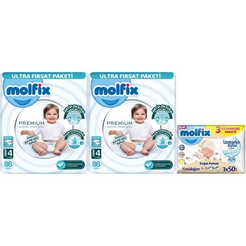 Molfix Premium Bebek Bezi 4 Beden 7-14 KG Maxi 172 Adet Ultra Fırsat Pk + 3 Adet Islak Mendil