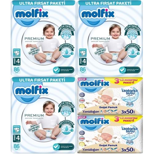 Molfix Premium Bebek Bezi 4 Beden 7-14 KG Maxi 258 Adet Ultra Fırsat Pk + 6 Adet Islak Mendil