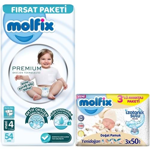 Molfix Premium Bebek Bezi 4 Beden 7-14 KG Maxi 54 Adet Fırsat Pk + 3 Adet Islak Mendil