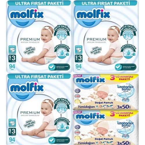 Molfix Premium Bebek Bezi 3 Beden 4-9 KG Midi 282 Adet Ultra Fırsat Pk + 6 Adet Islak Mendil