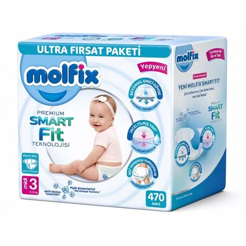 Molfix Premium Smart Fit Bebek Bezi 3 Beden 4-9 KG Midi 470 Adet Mega Ultra Fırsat Pk