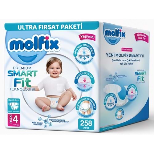 Molfix Premium Smart Fit Bebek Bezi 4 Beden 7-14 KG Maxi 258 Adet Aylık Ultra Fırsat Pk