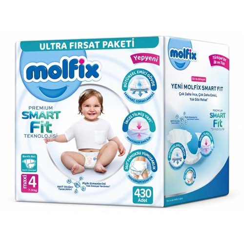 Molfix Premium Smart Fit Bebek Bezi 4 Beden 7-14 KG Maxi 430 Adet Mega Ultra Fırsat Pk