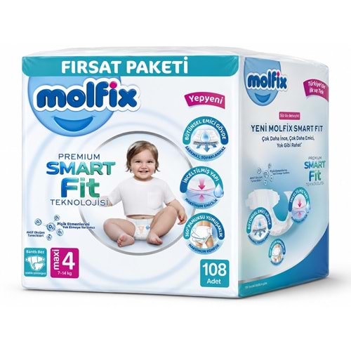 Molfix Premium Smart Fit Bebek Bezi 4 Beden 7-14 KG Maxi 108 Adet Ekonomik Fırsat Pk
