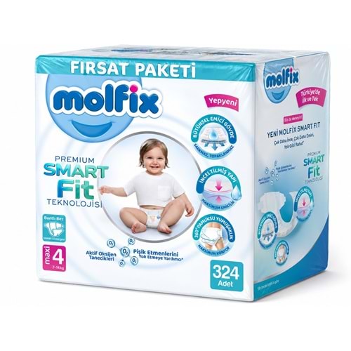 Molfix Premium Smart Fit Bebek Bezi 4 Beden 7-14 KG Maxi 324 Adet Ekstra Fırsat Pk