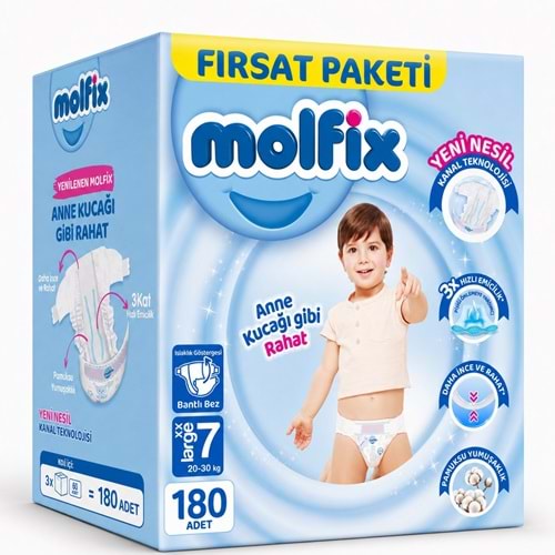 Molfix Bebek Bezi 7 Beden 20-30 KG XX Large 180 Adet Ekstra Fırsat Pk
