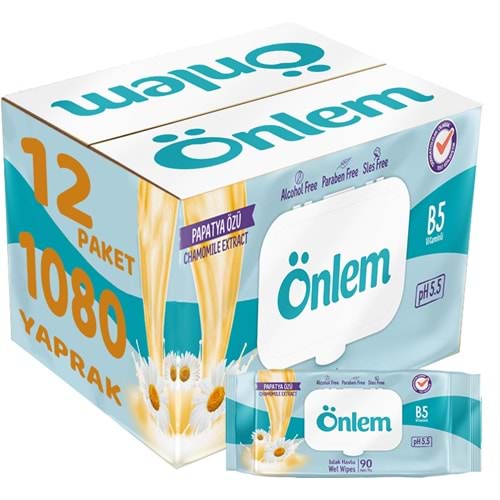 Önlem Islak Havlu Mendil 90 Yaprak Papatya Özü (12 Li Set) Plastik Kapaklı 1080 Yaprak