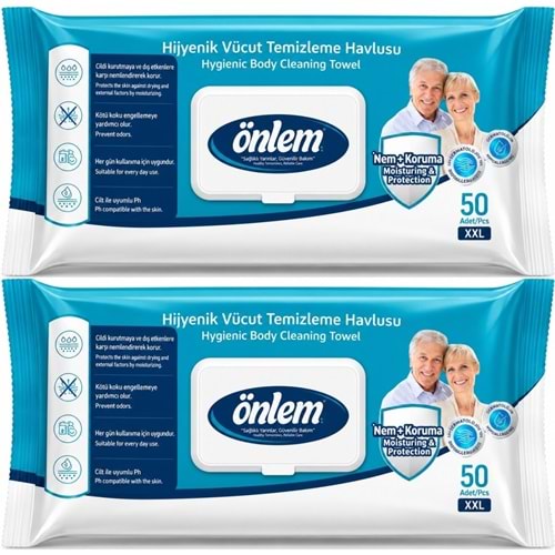 Önlem Hijyenik Vücut Temizleme Islak Mendil Havlu 100 Yaprak (2PK*50)
