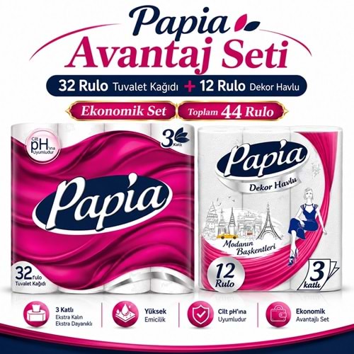 Papia Tuvalet Kağıdı (3 Katlı) 32 Li Pk + 12 Li Paket Kağıt Havlu Decor Desenli (3 Katlı)