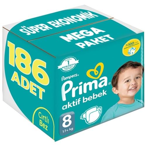 Prima Bebek Bezi 8 Beden 17+ KG XXXLarge 186 Adet Süper Ekonomik MeGa Pk