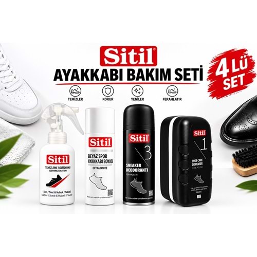 Sitil Ayakkabı Bakım Seti Beyaz Boya - Deodorant - Temizleme Solüsyonu - Bakım Süngeri (4 Lü Set)