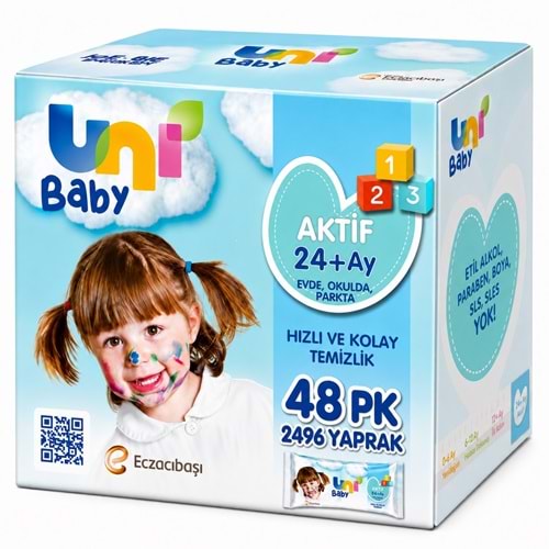 Uni Baby Islak Havlu Mendil 52 Yaprak Aktif 48 Li Set (12PK*4) 2496 Yaprak