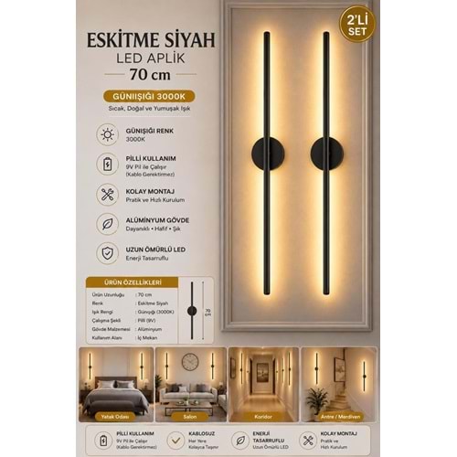 MANDAŞ Siyah Gün Işığı 70 CM Led Duvar Aplik 2 Adet|Pilli Kablosuz Kullanım Tak-Çalıştır