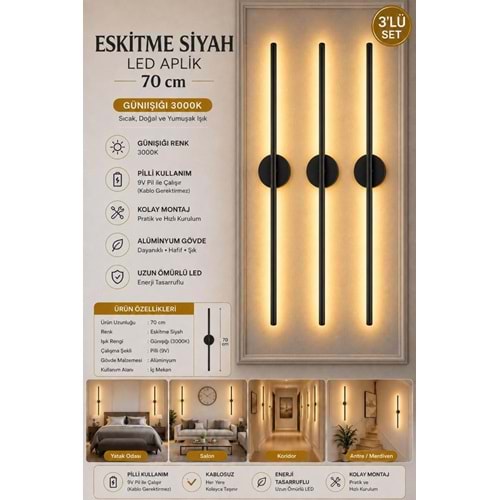 MANDAŞ Siyah Gün Işığı 70 CM Led Duvar Aplik 3 Adet|Pilli Kablosuz Kullanım Tak-Çalıştır