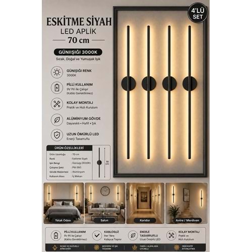 MANDAŞ Siyah Gün Işığı 70 CM Led Duvar Aplik 4 Adet|Pilli Kablosuz Kullanım Tak-Çalıştır