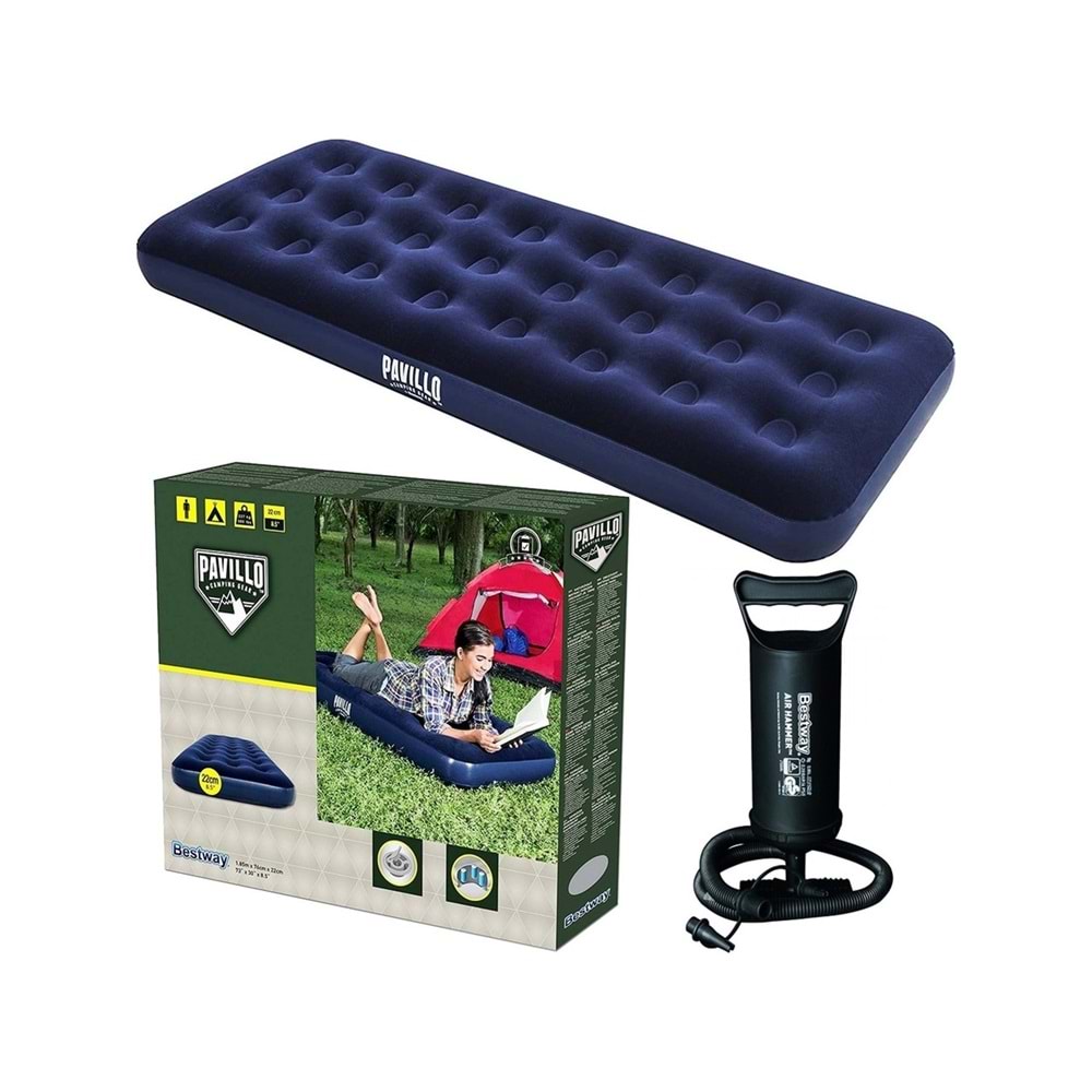 Bestway Pavillo 67000 Tek Kişilik Şişme Yatak Pompa Dahil Lacivert Renk ve Kadife Yüzey