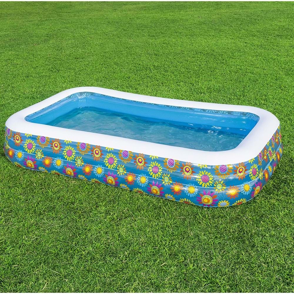 Bestway Çiçek Desenli Şişme Aile Havuzu 305x183x56 cm + El Pompası + Üst Kapama Örtüsü 54121 BW626