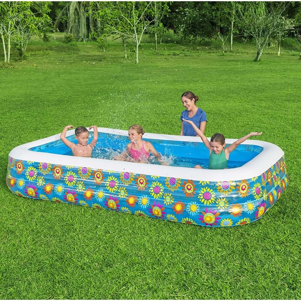 Bestway Çiçek Desenli Şişme Aile Havuzu 305x183x56 cm + El Pompası + Üst Kapama Örtüsü 54121 BW626