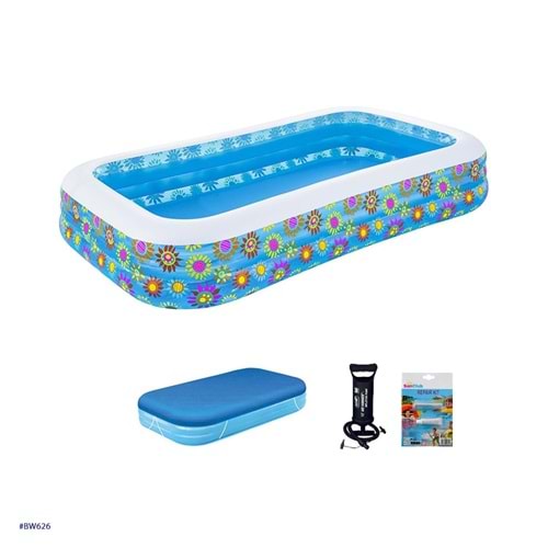 Bestway Çiçek Desenli Şişme Aile Havuzu 305x183x56 cm + El Pompası + Üst Kapama Örtüsü 54121 BW626